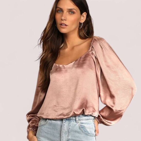 Lulu's Top Sz Small Mauve Pink Satin Long Sleeve Cropped Princesscore - Picture 1 of 11